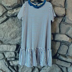 Mini Boden 9-10Y Drop Waist Striped Blue White Dress